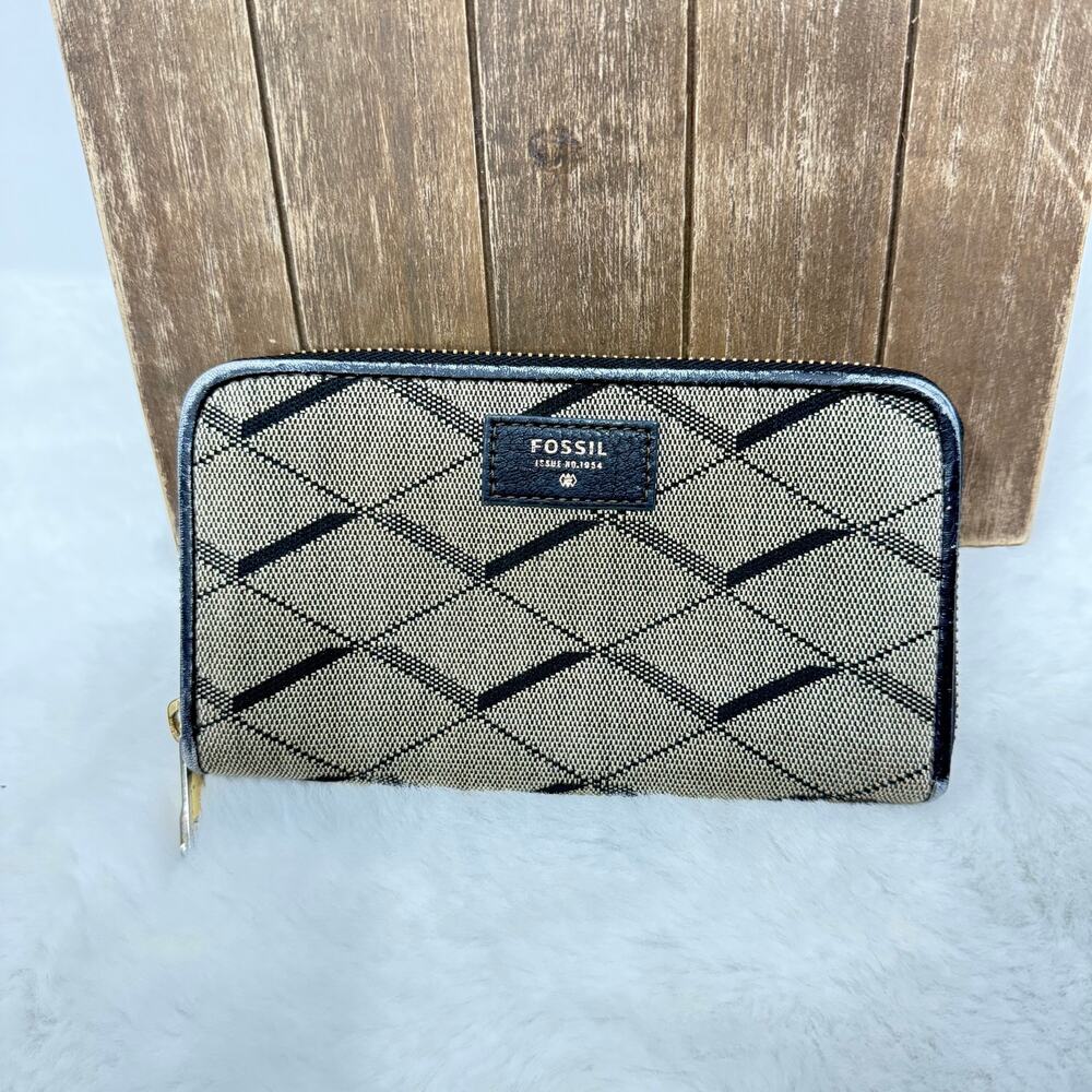 Fossil Sydney Fab Zip Clutch Wallet Grey Black GOOD / FAIR Condition
